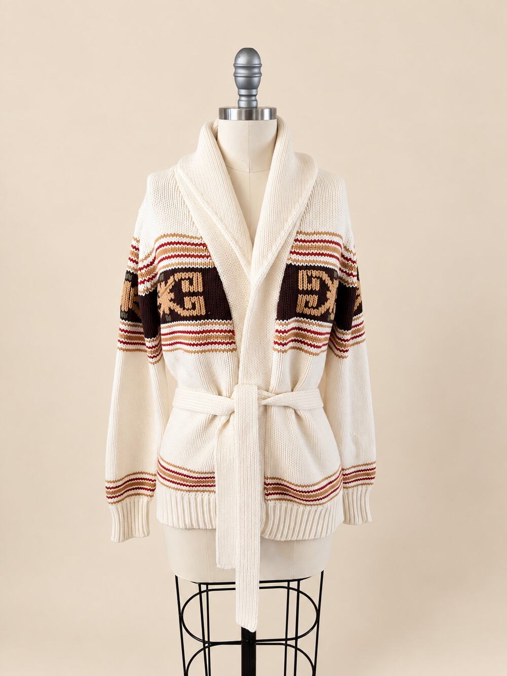 Vintage 1970s Sigallo Cardigan Sweater S Cream Geometric Belted Shawl Collar